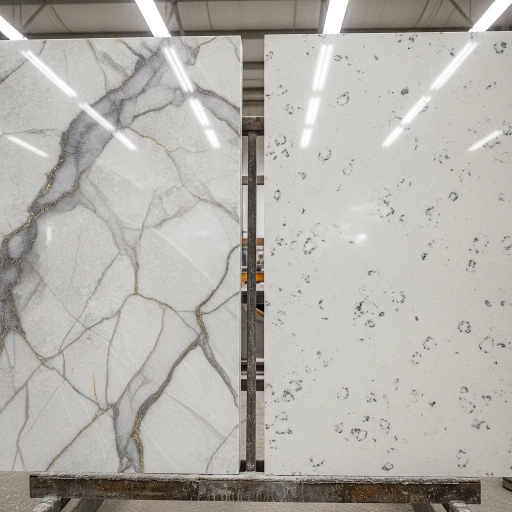 Close-up of two countertop slabs, one quartzite with organic veining, one engineered quartz, on a fabrication rack.