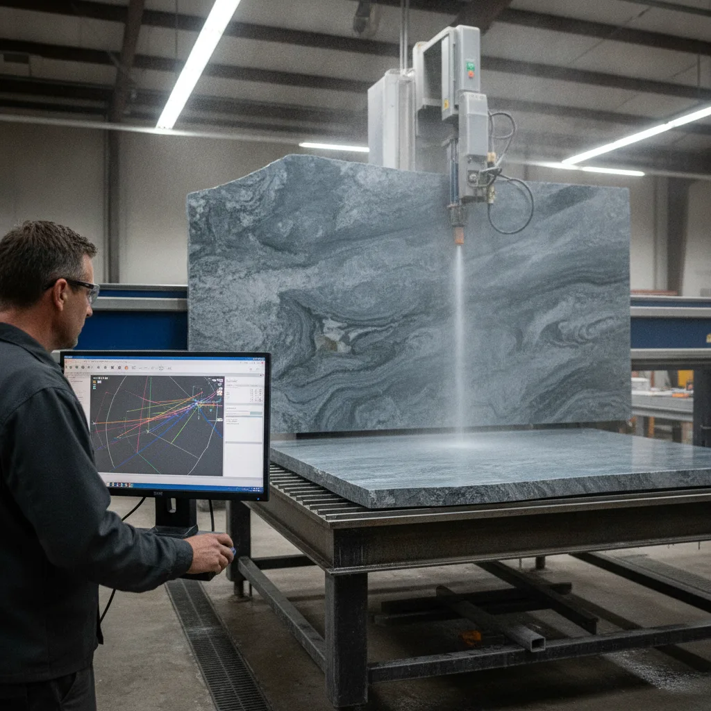 A stone fabricator uses CNC software on a monitor, with a large quartzite slab being cut by a wet blade in the background.