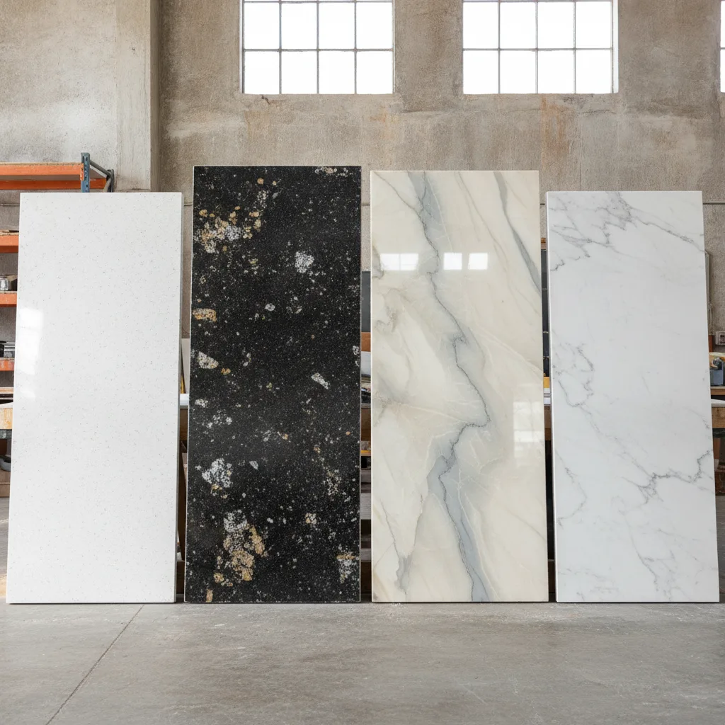 Four large countertop slabs of quartz, granite, quartzite, and marble propped against a concrete wall in a stone fabrication workshop.