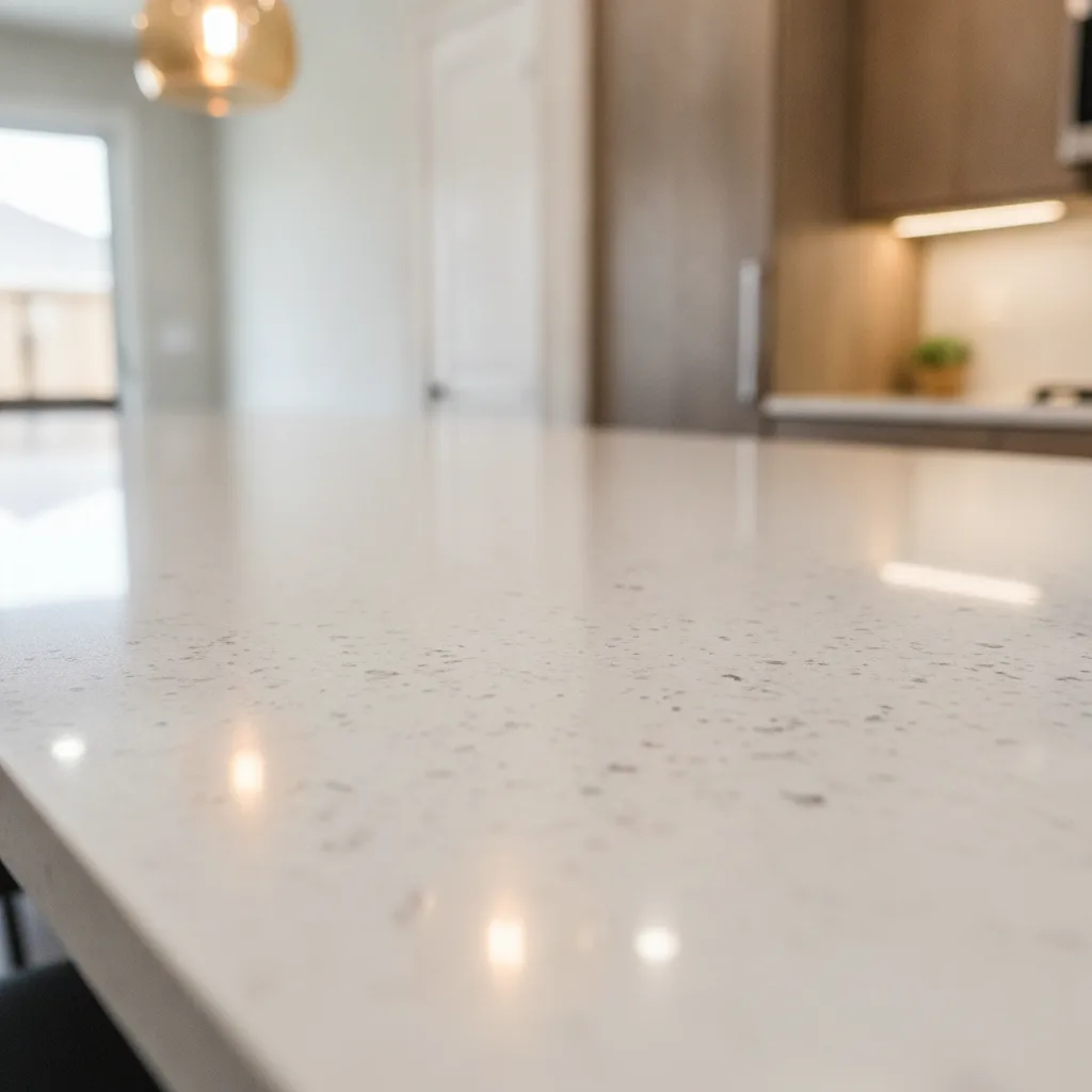 A close-up of a clean, glossy white-and-gray engineered quartz kitchen countertop surface under warm pendant lighting.