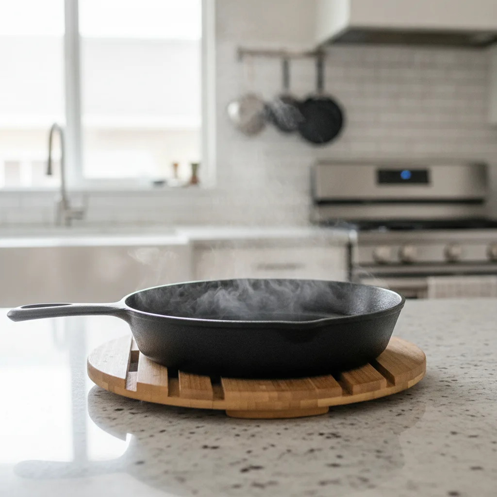 Cast-iron skillet with rising steam on a wooden trivet on a granite kitchen countertop, illuminated by natural light.