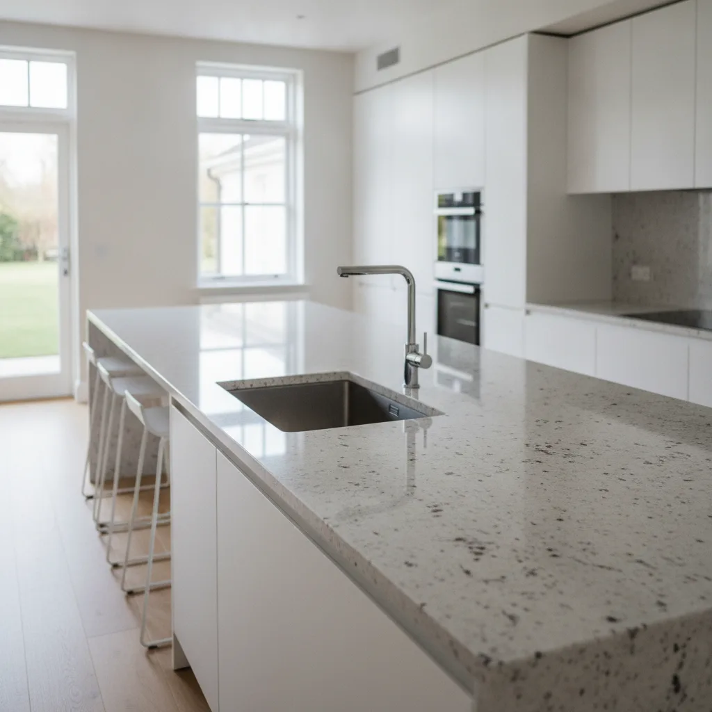 A bright, modern kitchen features white Colonial White granite countertops and an undermount sink, illuminated by natural light.