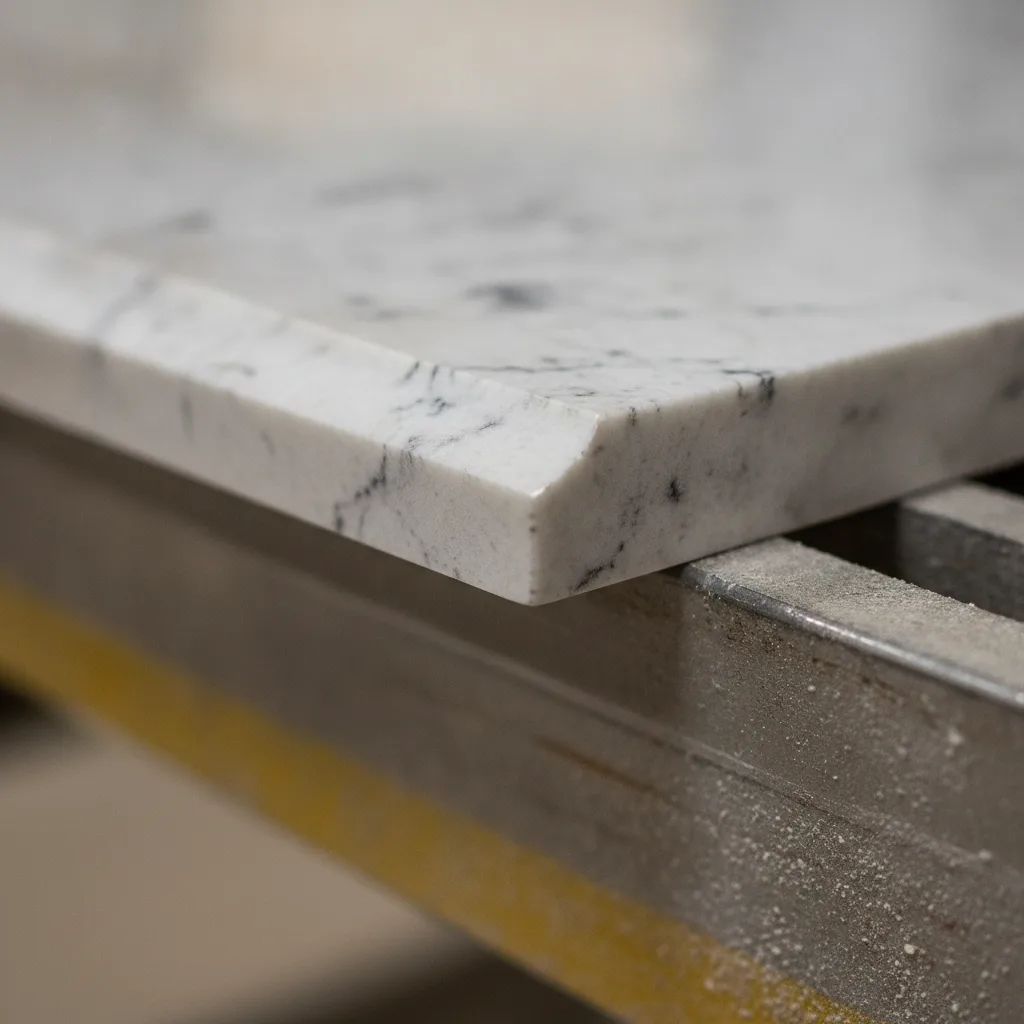 A close-up, macro-style image of a white granite countertop with subtle gray veining and an ogee edge profile.