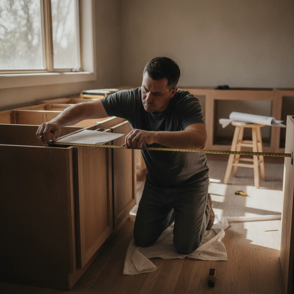 A granite fabricator measures a kitchen countertop layout, kneeling on the floor, surrounded by wooden cabinet frames.