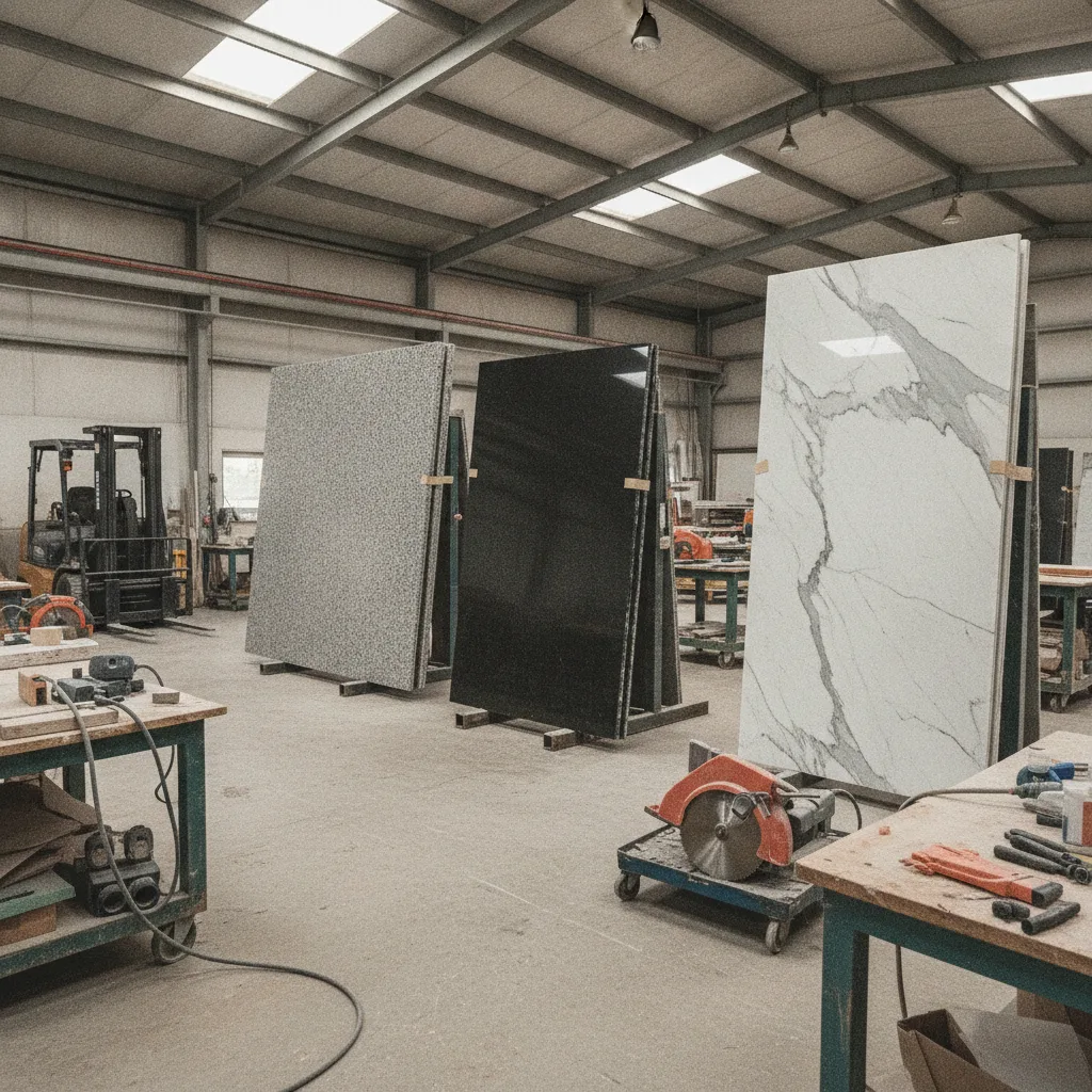 Wide-angle, photorealistic image of a stone fabrication shop floor with various granite slabs under natural warehouse lighting.