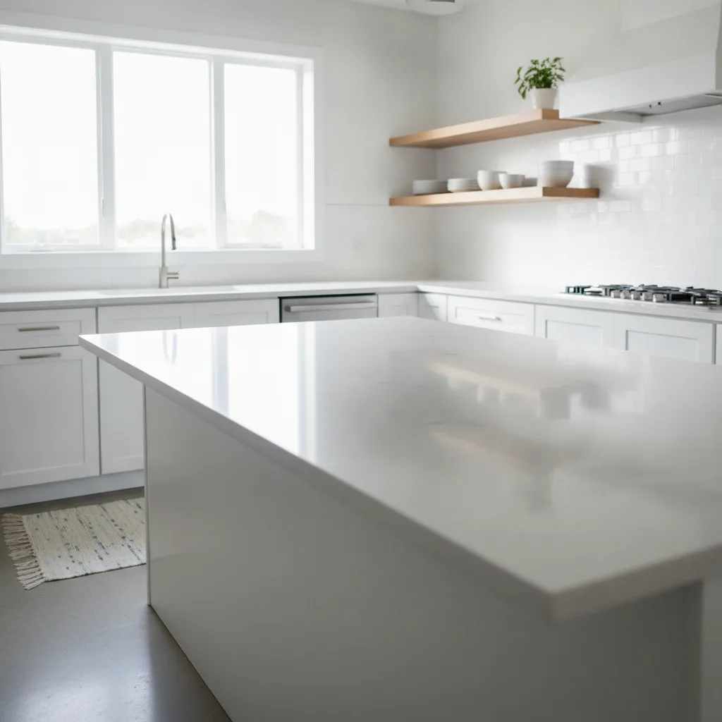 A modern kitchen featuring a large island with light gray quartz countertops, white shaker cabinets, and warm white oak open shelving.