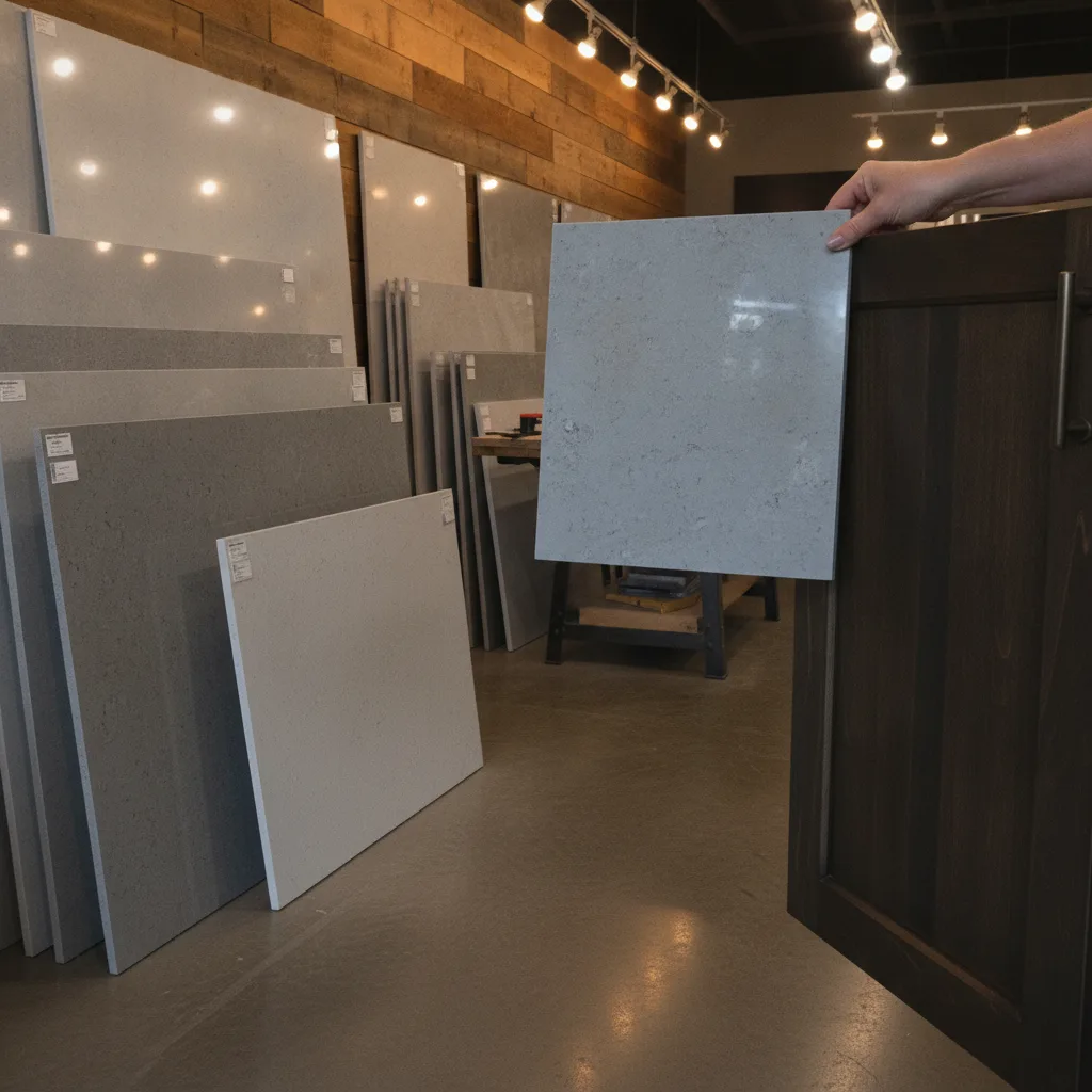 Homeowner comparing a gray quartz slab sample to a cabinet door in a Central Texas fabricator's showroom.
