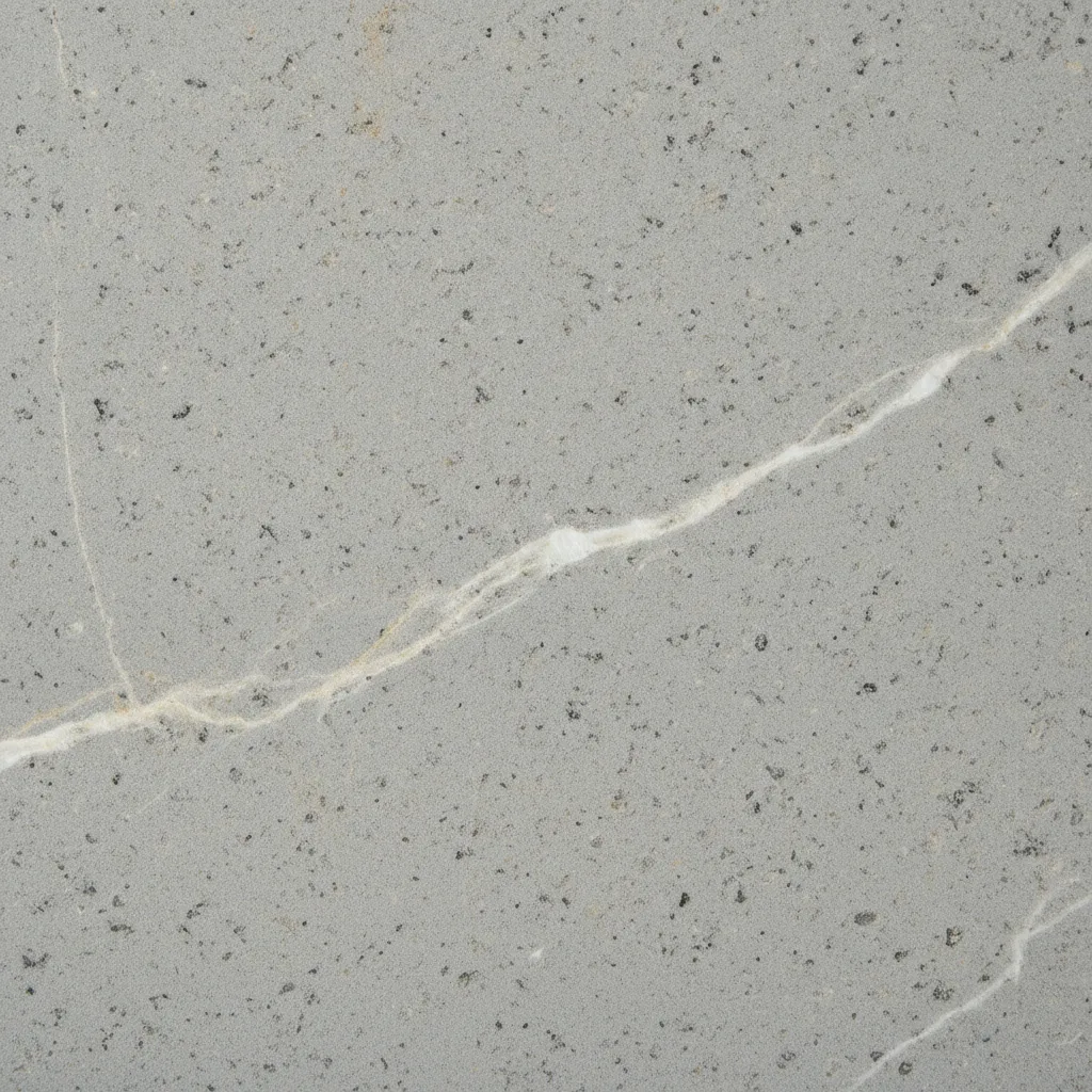 Close-up of a gray quartz countertop slab with subtle white and gold veining, fine aggregate texture, and warm undertones.