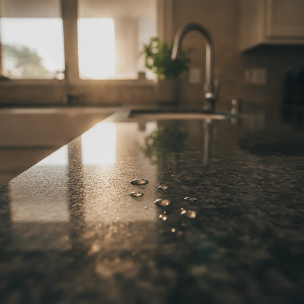 Close-up of a dark speckled granite kitchen countertop with water drops, illuminated by natural morning light from a window.