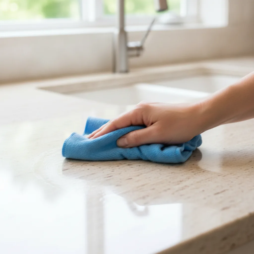 A person's hand wiping excess sealer from a light beige granite countertop with a dry microfiber cloth in a sunlit kitchen.