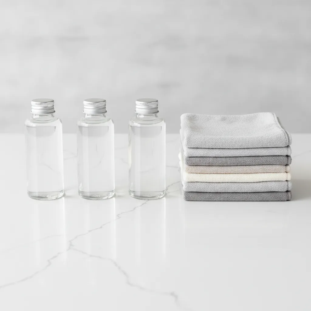 Three clear bottles of granite countertop sealer and a stack of folded microfiber cloths on a white quartz surface.
