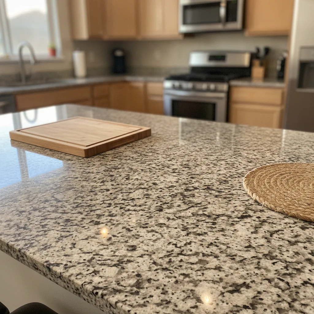 A pristine granite kitchen countertop after sealing, with a subtle sheen reflecting warm afternoon light.