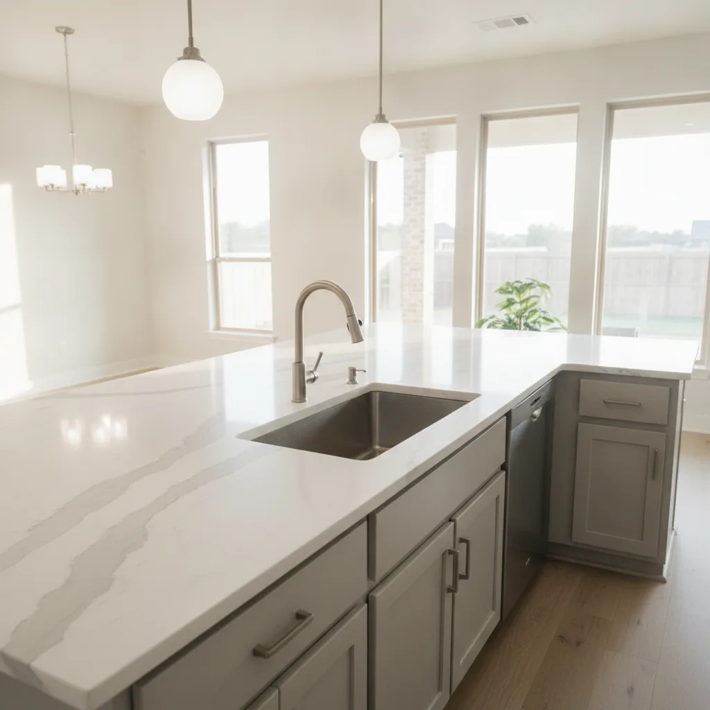 Wide-angle, shallow depth-of-field shot of a newly installed quartz countertop in a brightly lit Central Texas kitchen.