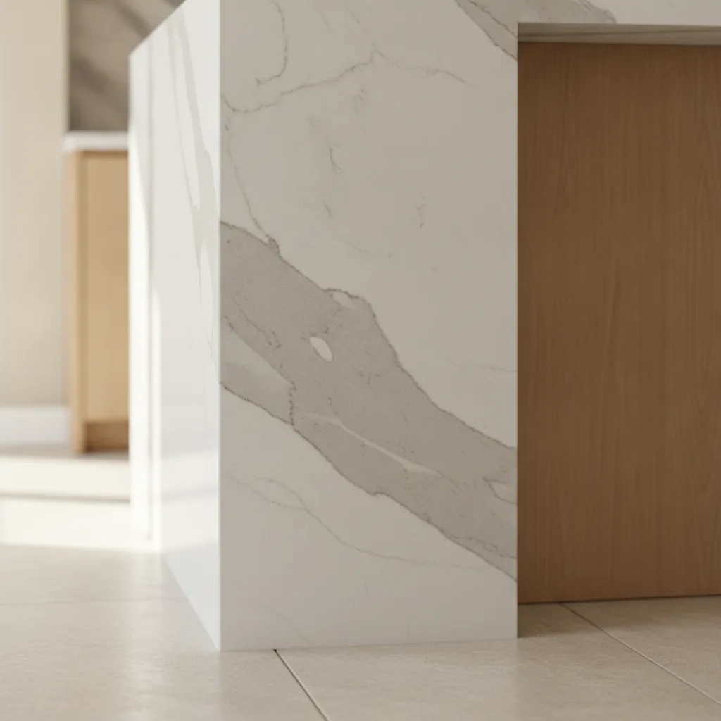 Photorealistic close-up of a mitered waterfall quartz kitchen island edge detail with visible seam line and polished gray-and-white veined surface.