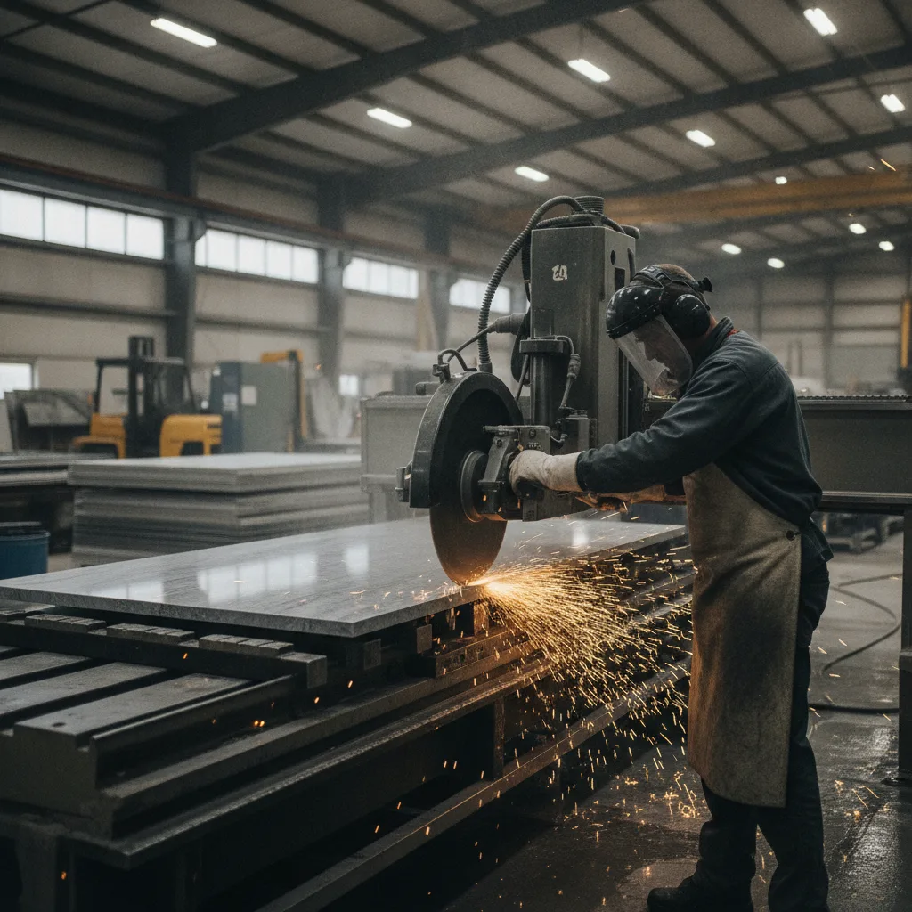 A stone fabrication technician operating a CNC bridge saw to cut a thick, gray-veined quartz slab in a production facility.