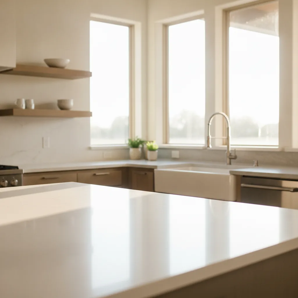 Modern Central Texas kitchen with white quartz countertops, bright natural light, and a farmhouse sink.
