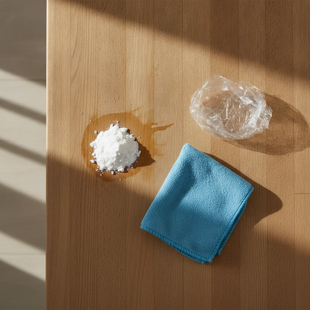 Overhead shot of a baking soda paste on a wooden countertop next to a blue cloth and plastic wrap.