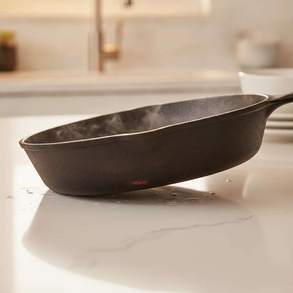 A close-up of a hot cast iron skillet being set down on a white quartz countertop, creating steam and water droplets.