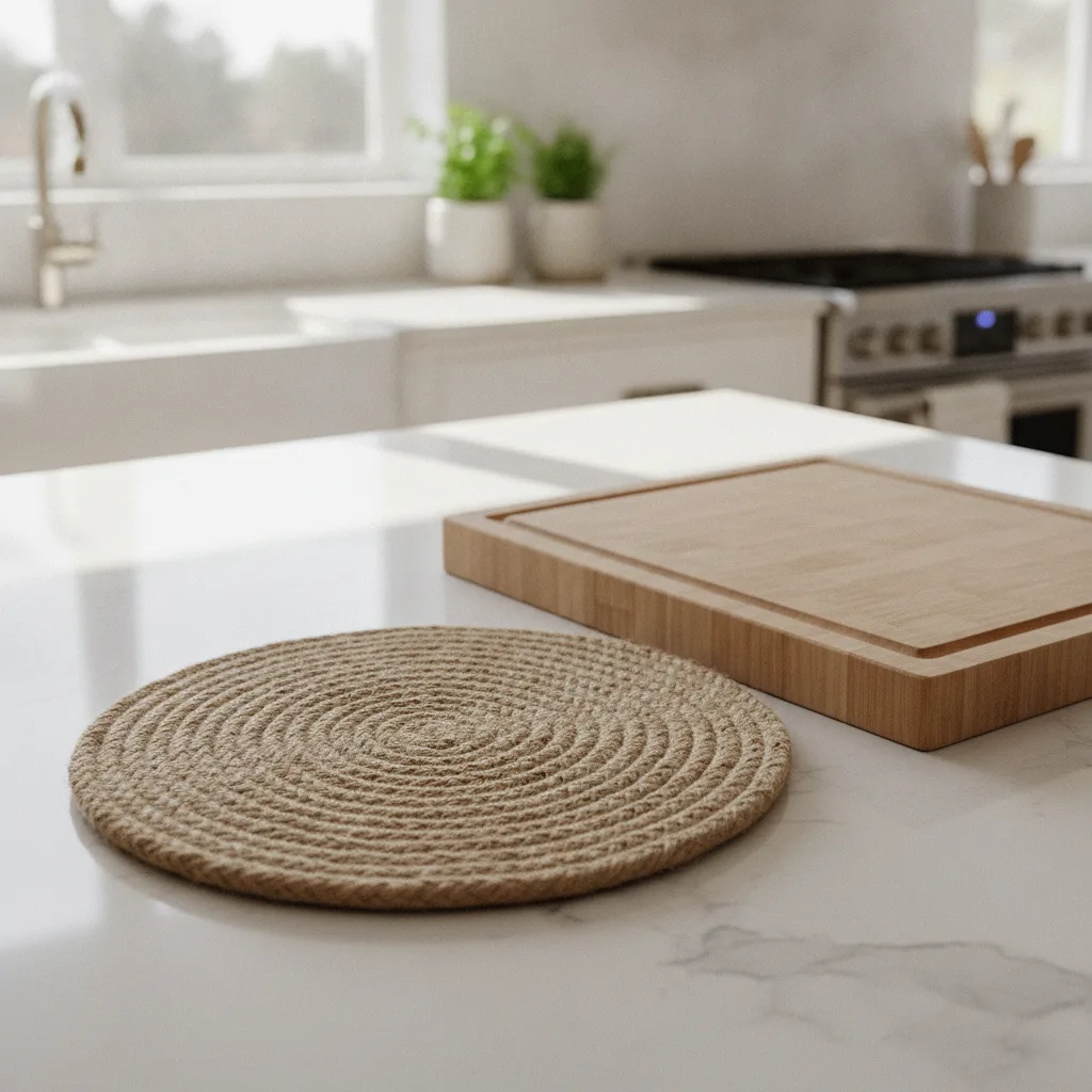 A close-up of a braided trivet and wooden cutting board on a white quartz countertop in a sunlit kitchen.