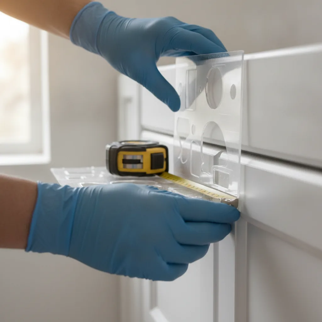Close-up of gloved hands using an overlay template system on white kitchen cabinets, with a measuring tape visible.