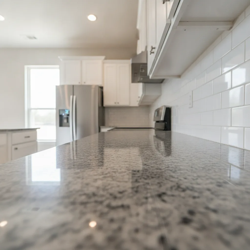 A bright Central Texas kitchen with polished gray granite countertops, a white ceramic subway tile backsplash, and white shaker cabinets.