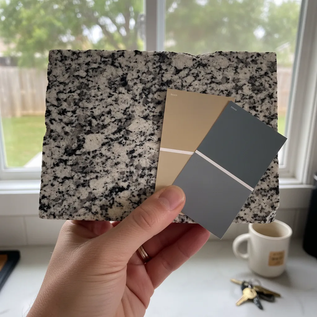 A hand holds a granite sample and paint swatches near a kitchen window, showing a real-world design decision.