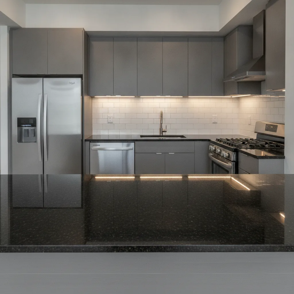 Modern kitchen with black granite countertops, white subway tile backsplash, charcoal flat panel cabinets, and stainless steel appliances.