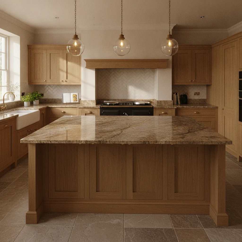 A wide-angle view of a kitchen with a large island featuring a gold-veined brown granite countertop.