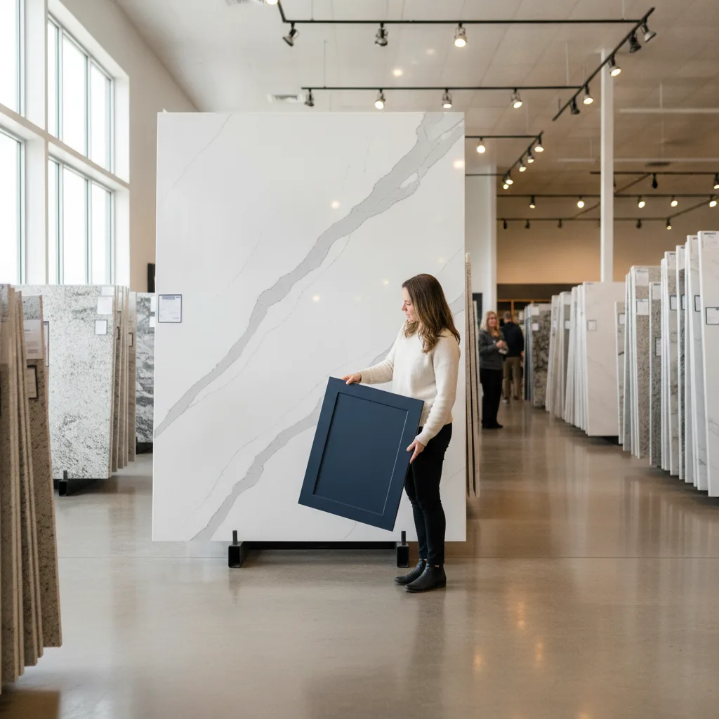 Homeowner comparing a blue cabinet door sample against a large white quartz slab in a bright showroom.
