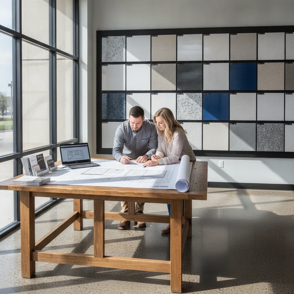 Two people review plans at a drafting table in a bright showroom with quartz slab samples on the wall.
