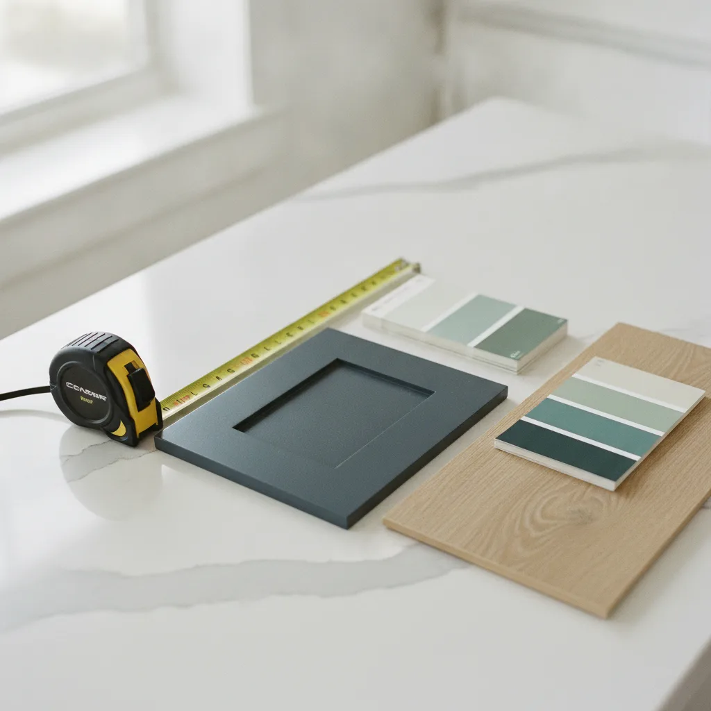 Overhead close-up of kitchen design samples: measuring tape, cabinet door, paint chips, and flooring on a quartz countertop.