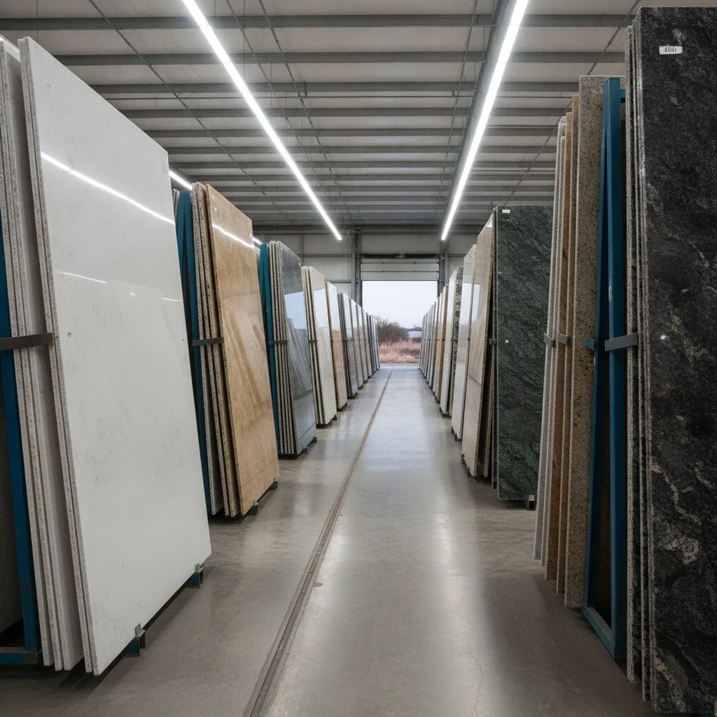Wide shot of a professional stone slab yard in Austin, Texas, featuring rows of diverse quartz and granite slabs.