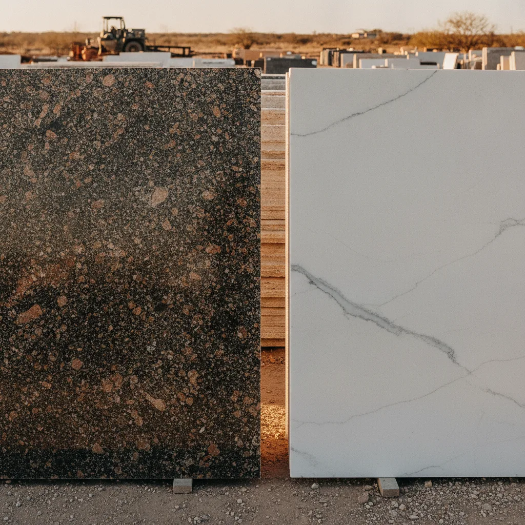 Granite and quartzite slabs side-by-side at an outdoor stone yard under warm afternoon sun, wide landscape.