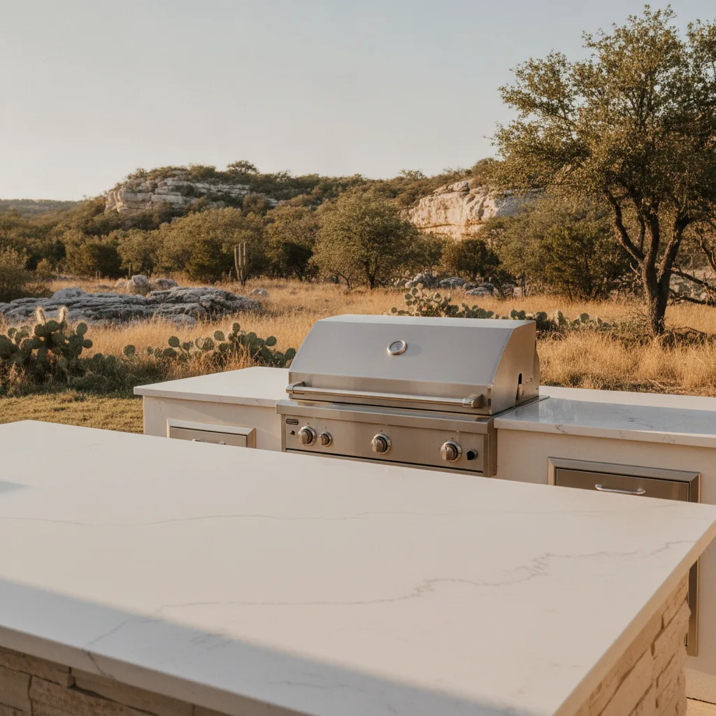 Photorealistic image of an outdoor kitchen countertop in Central Texas with white quartzite surfaces under bright afternoon sun