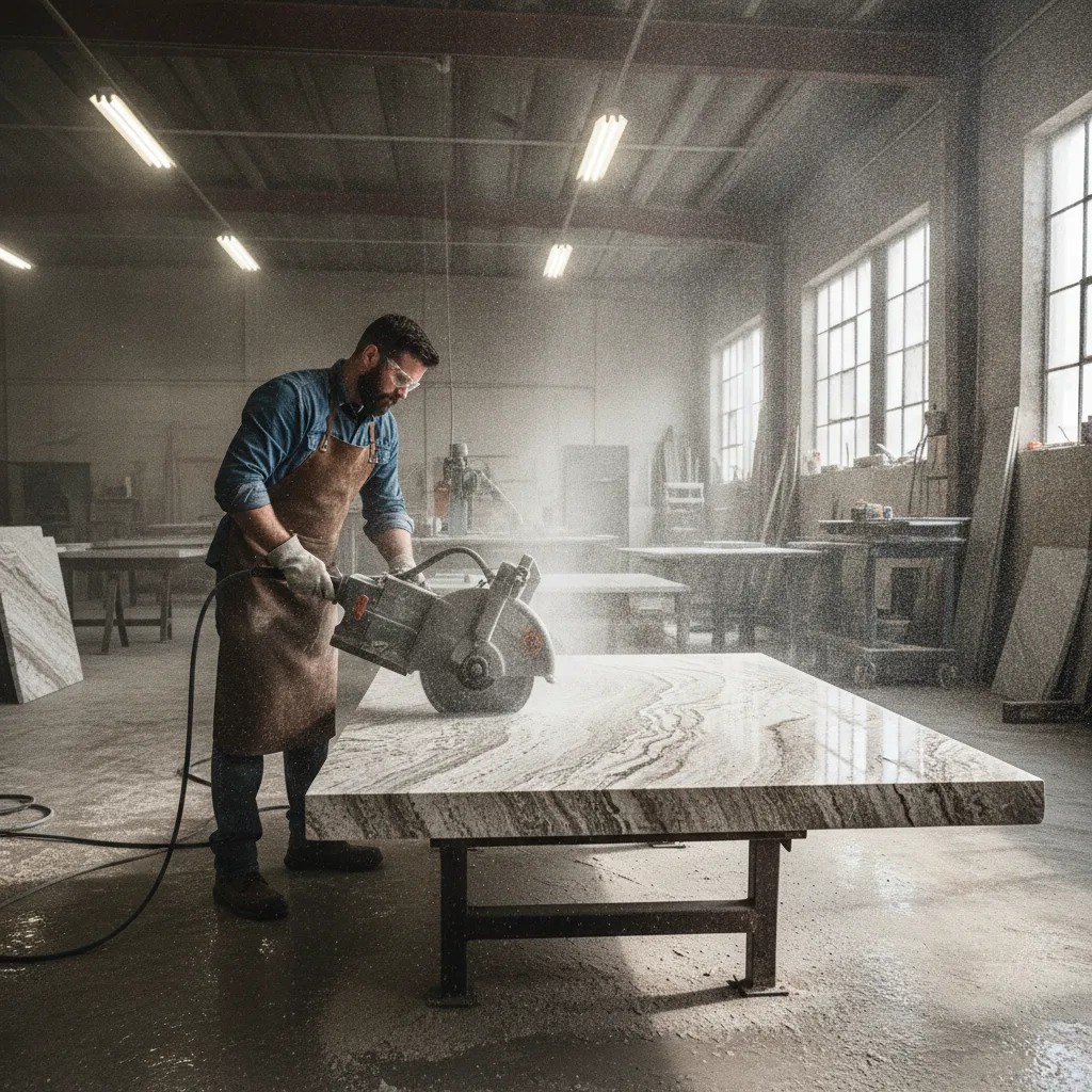 A craftsman in a Texas workshop uses a diamond blade saw to cut a quartzite slab, with stone dust and mixed lighting.