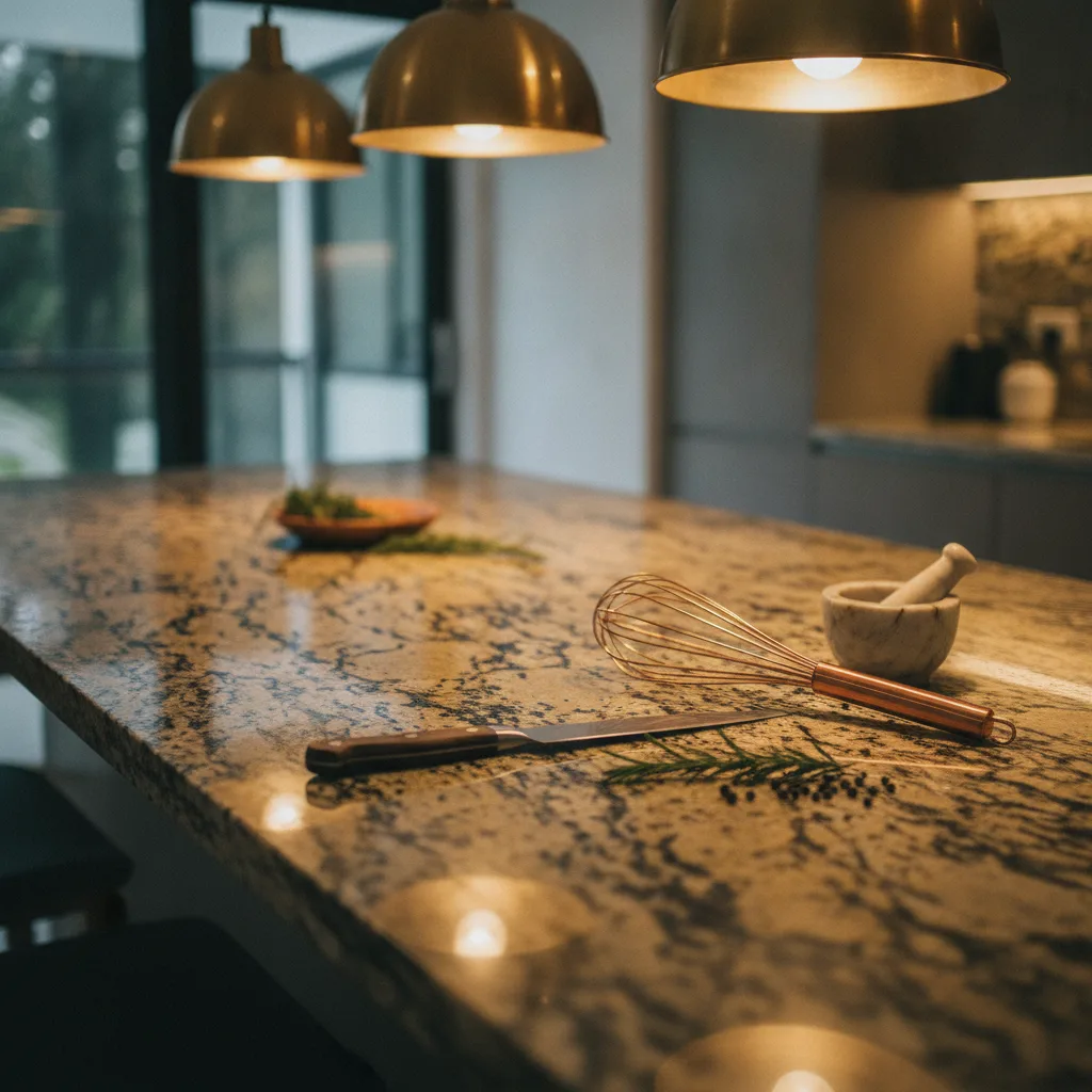 Close-up of a kitchen island with a polished granite countertop, gold and black speckled patterns, kitchen tools, and warm pendant lighting.