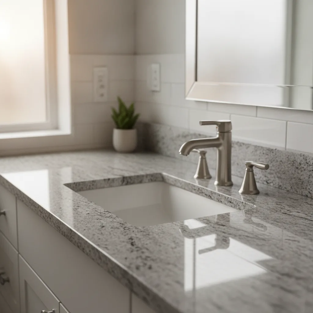 Wide shot of a modern bathroom with a new gray granite vanity top, white sink, and brushed nickel faucet.