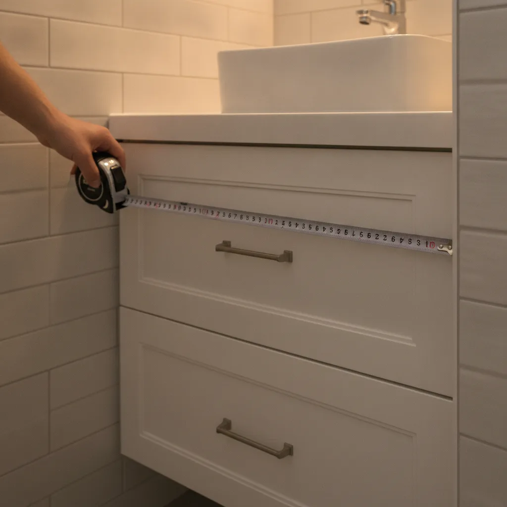 A homeowner's hands hold a steel tape measure across a white bathroom vanity cabinet.