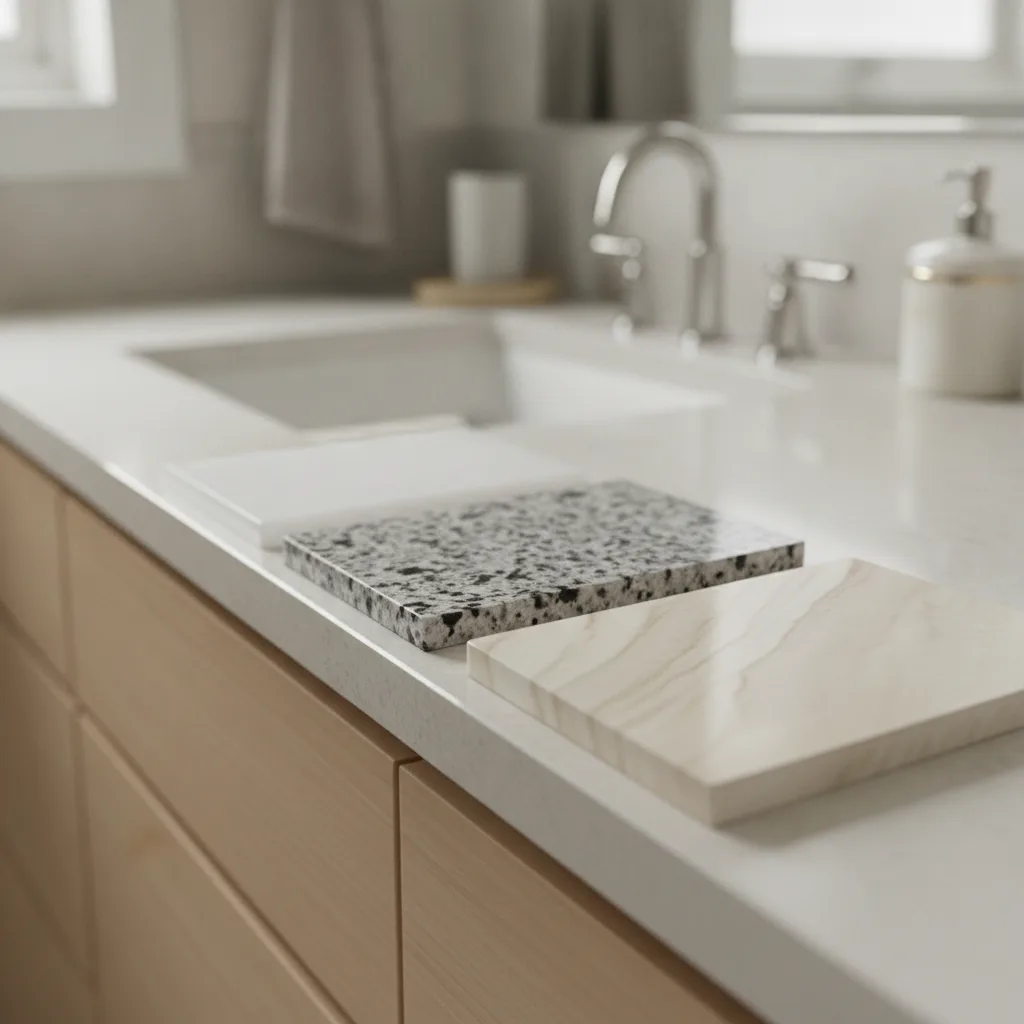 Polished stone slab samples—white quartz, speckled gray granite, and cream-veined marble—on a bathroom vanity.