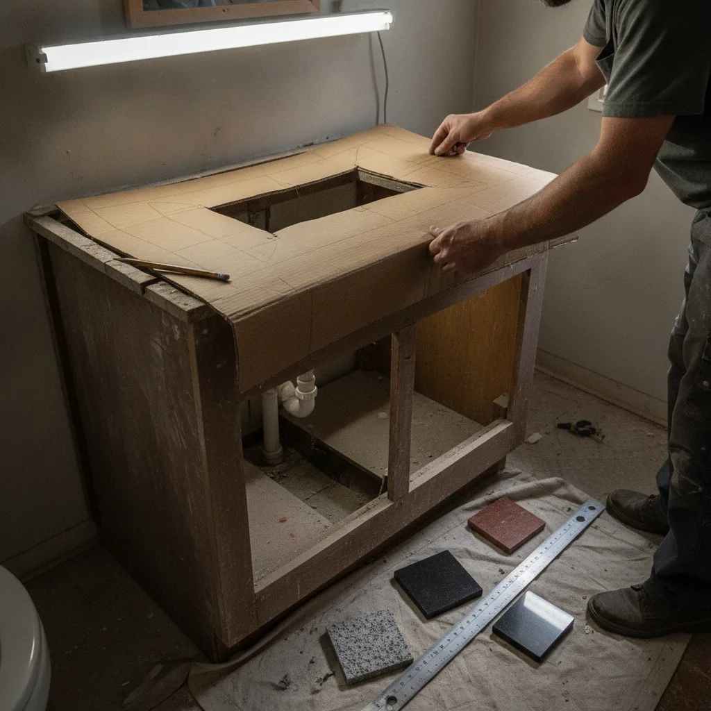 A stone fabricator templating a bathroom vanity with cardboard, surrounded by granite samples and tools in a gritty workspace.
