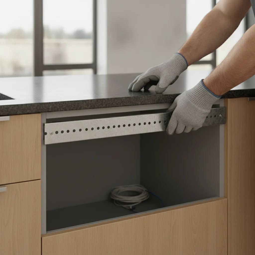A contractor's gloved hands installing a galvanized steel bracket above a dishwasher bay in a modern kitchen.