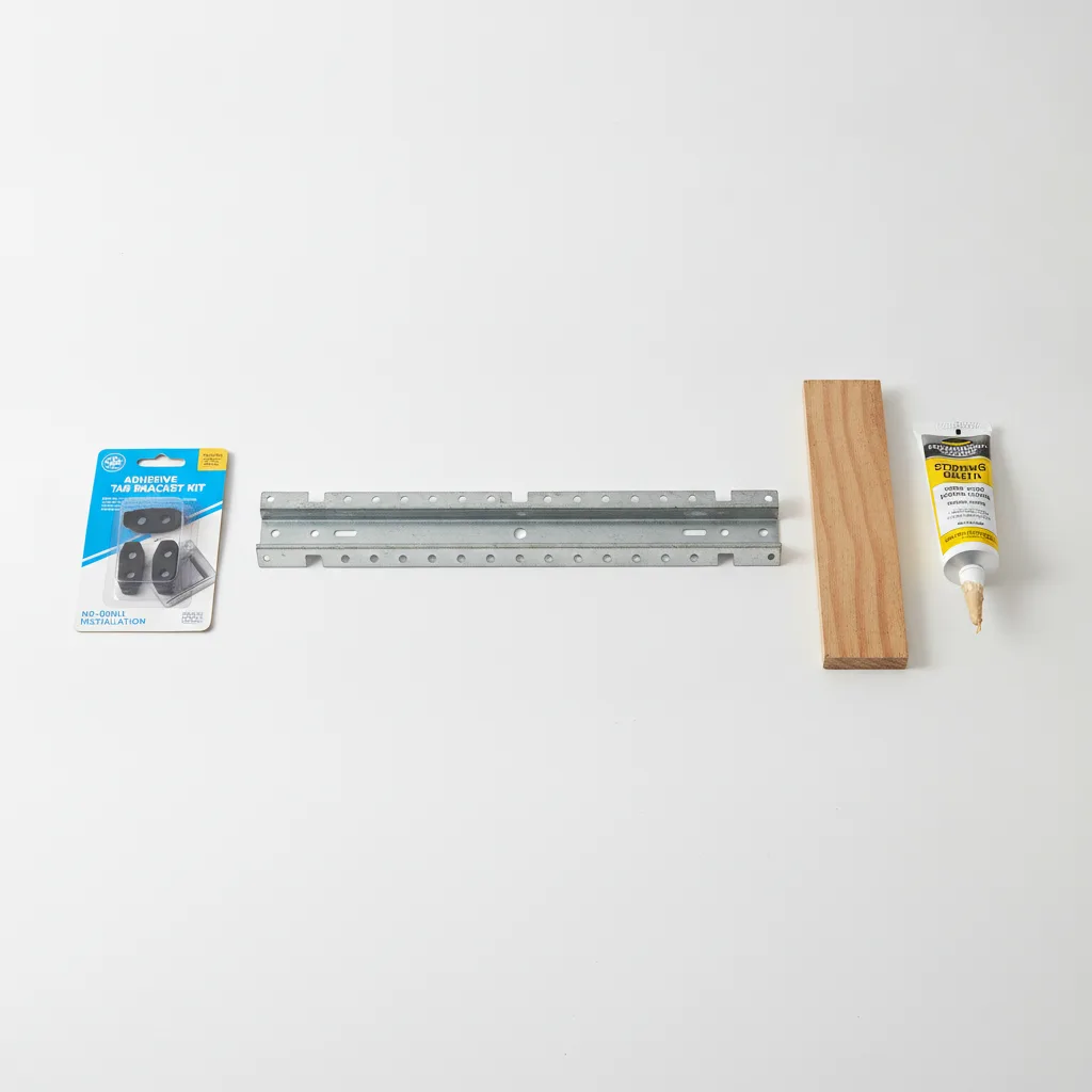 Three dishwasher mounting hardware products—an adhesive tab bracket kit, a steel span bracket, and a wood strip with adhesive.