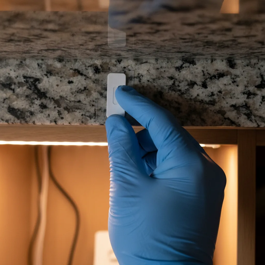 A gloved hand presses an adhesive bracket tab onto the underside of a granite countertop during installation.
