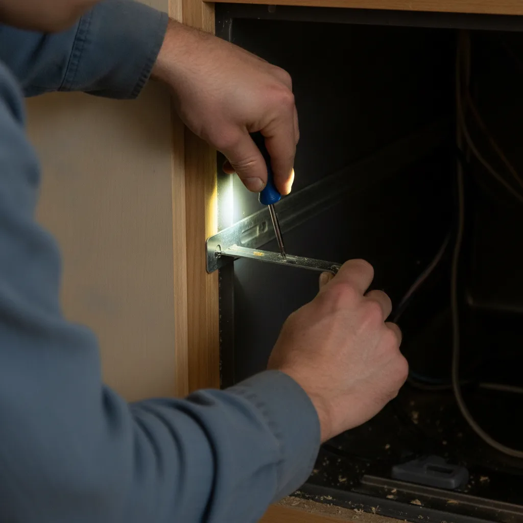 A close-up shot of a person's hands using a Phillips screwdriver to install a galvanized steel bracket inside a cabinet.