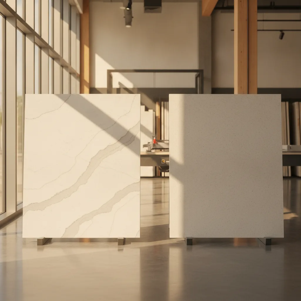 Wide shot of a stone fabrication showroom with two large countertop slabs: a polished quartz and a matte porcelain.