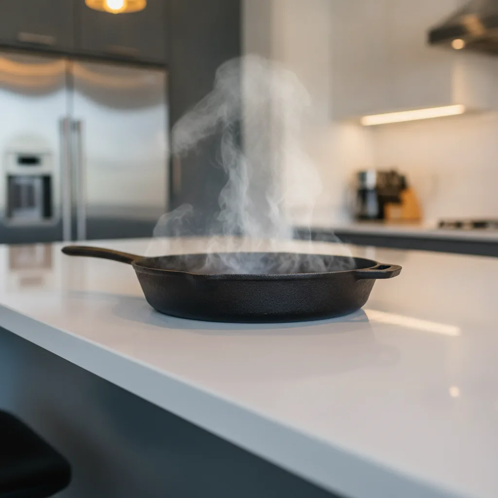 A cast iron skillet emitting steam, placed directly on a white porcelain countertop in a modern kitchen with warm lighting.
