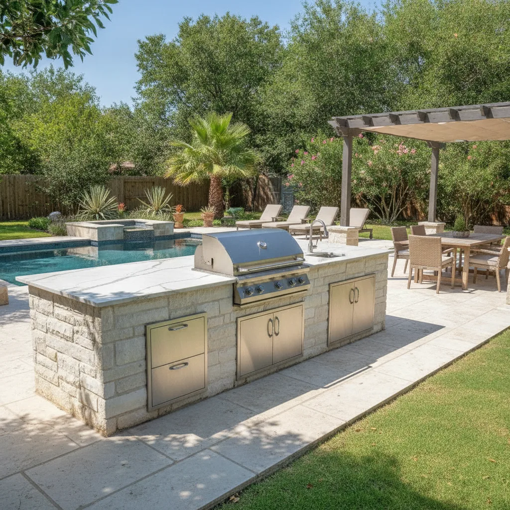 An outdoor kitchen in a Central Texas backyard with a porcelain countertop, built-in stainless steel grill, and lush landscaping.