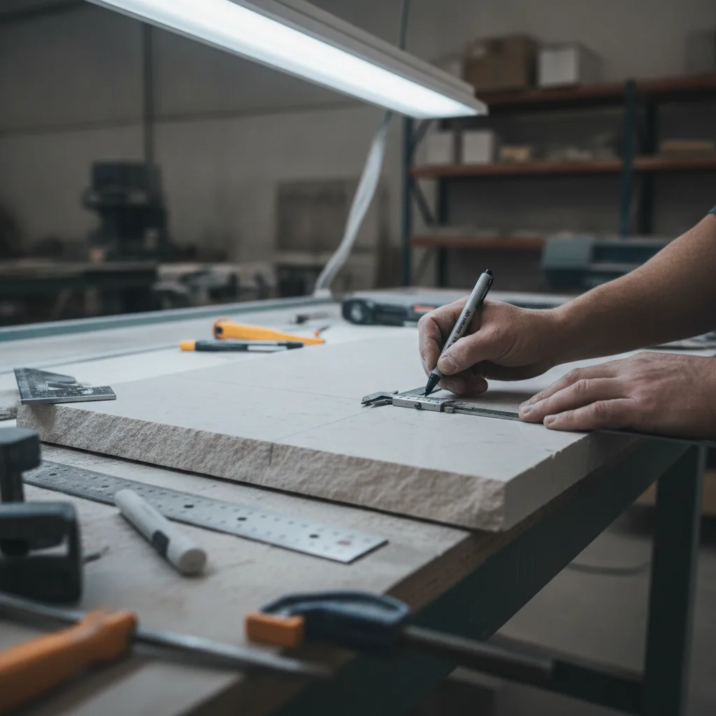 A close-up of a fabricator's hands measuring and marking a thick quartz slab on a workbench.