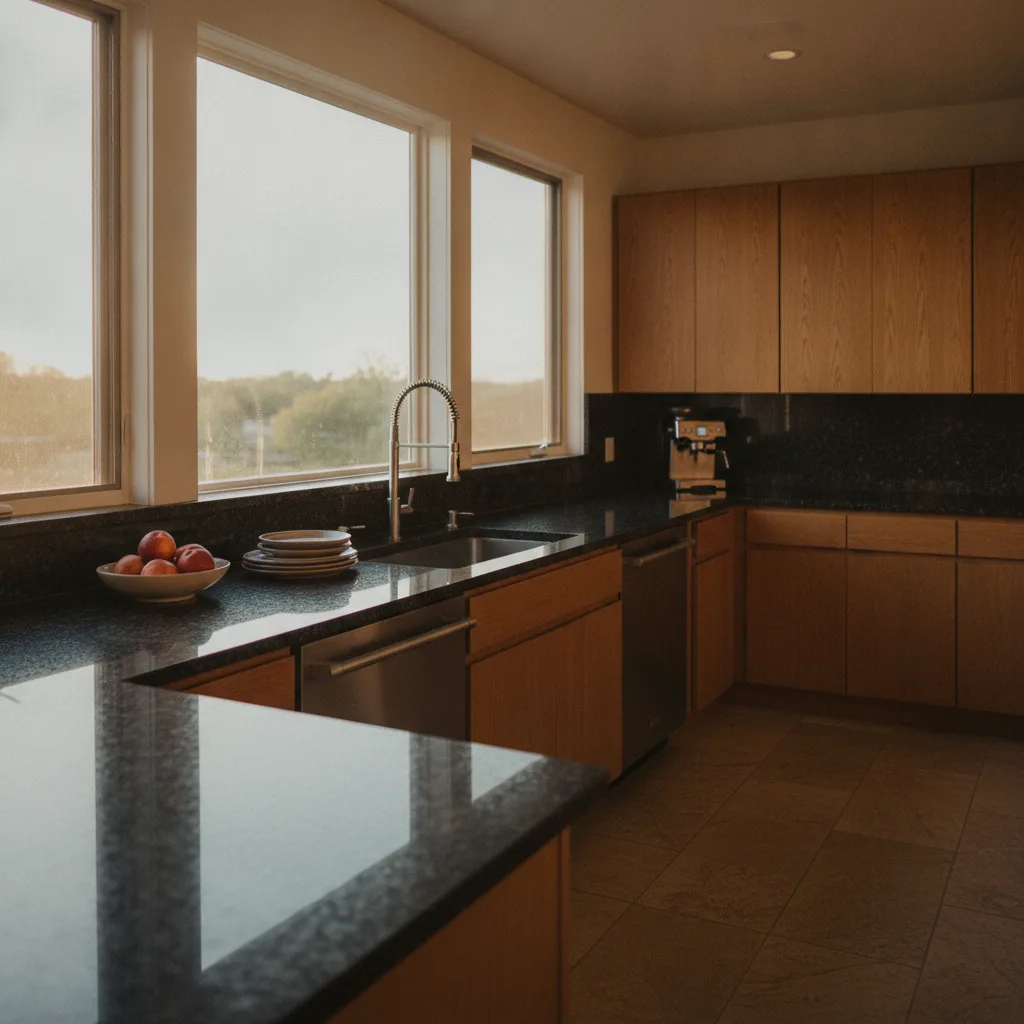 Wide-angle photorealistic shot of a modern Austin kitchen with dark granite countertops, natural light, and stainless steel.