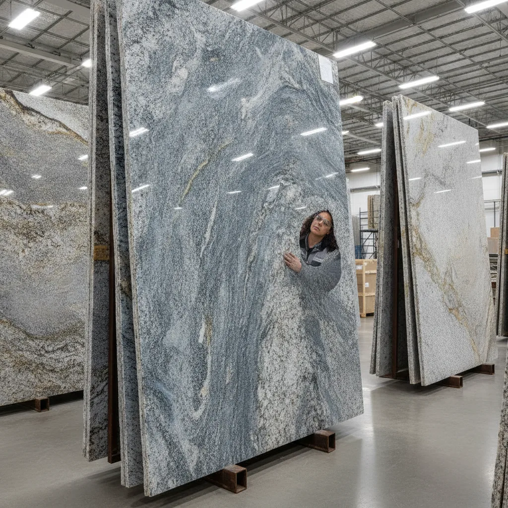 A person examining large granite and quartzite slabs standing upright in a well-lit stone fabrication facility.